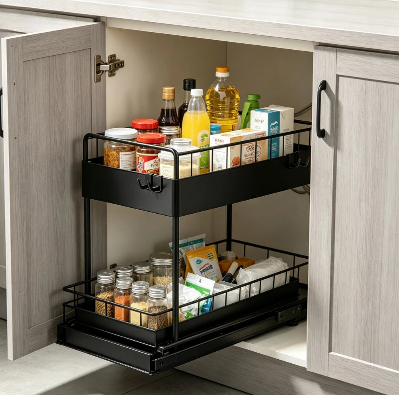 Organizador Deslizante Bajo Fregadero de 2 Niveles – Cocina y Baño