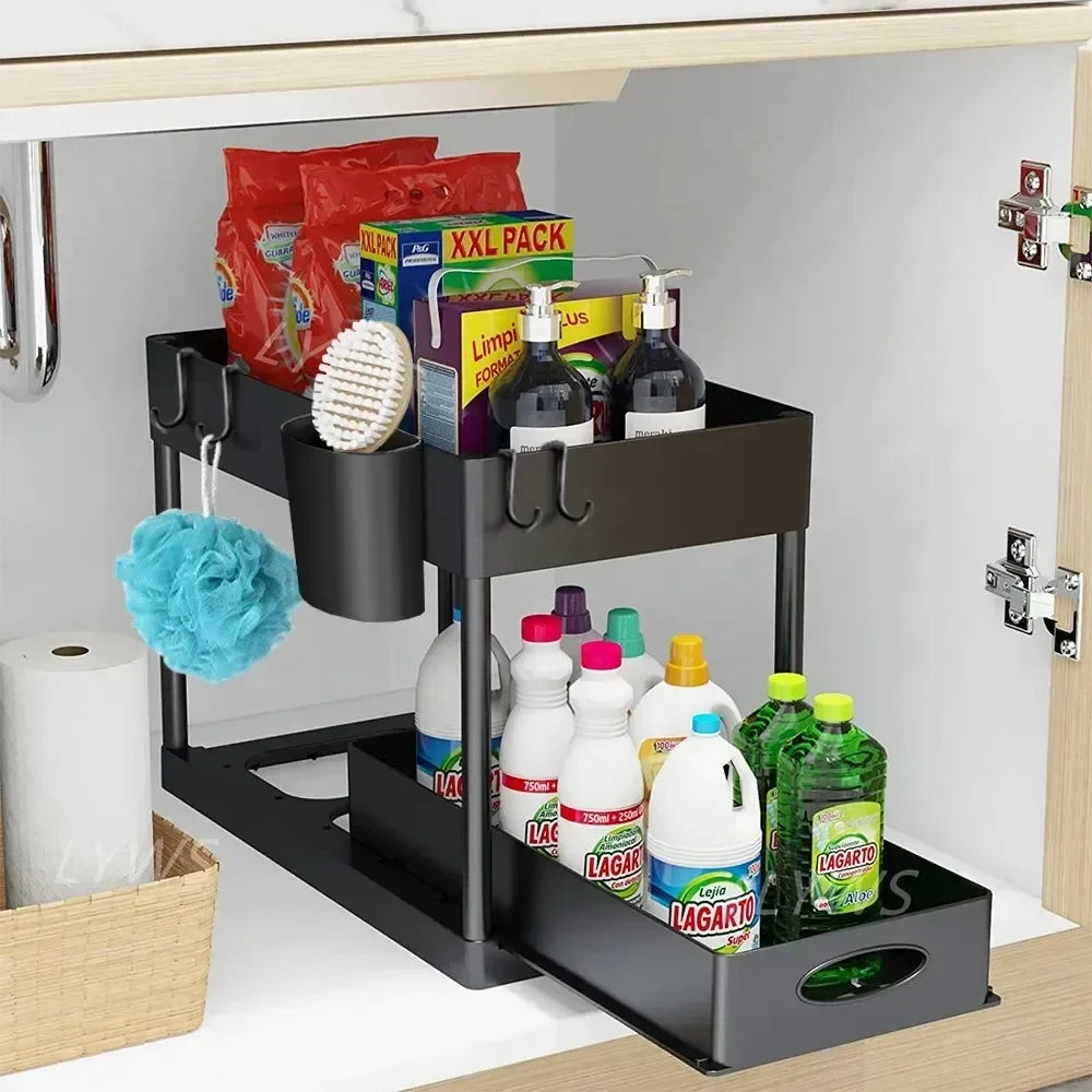 Organizador Deslizante Bajo Fregadero de 2 Niveles – Cocina y Baño